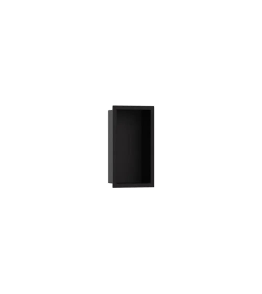 Schwarze Wandnische von Hansgrohe, rechteckige Form ohne Verzierung, eingelassen in eine Wand, mit einem minimalistischen Design.